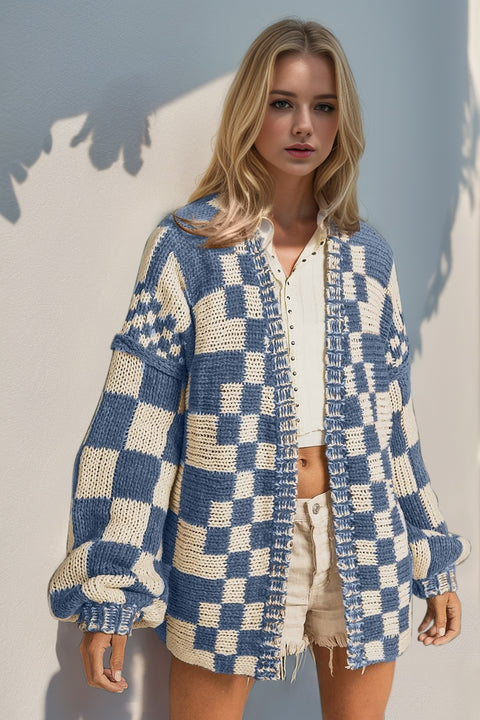 Checkered Drop Shoulder Cardigan