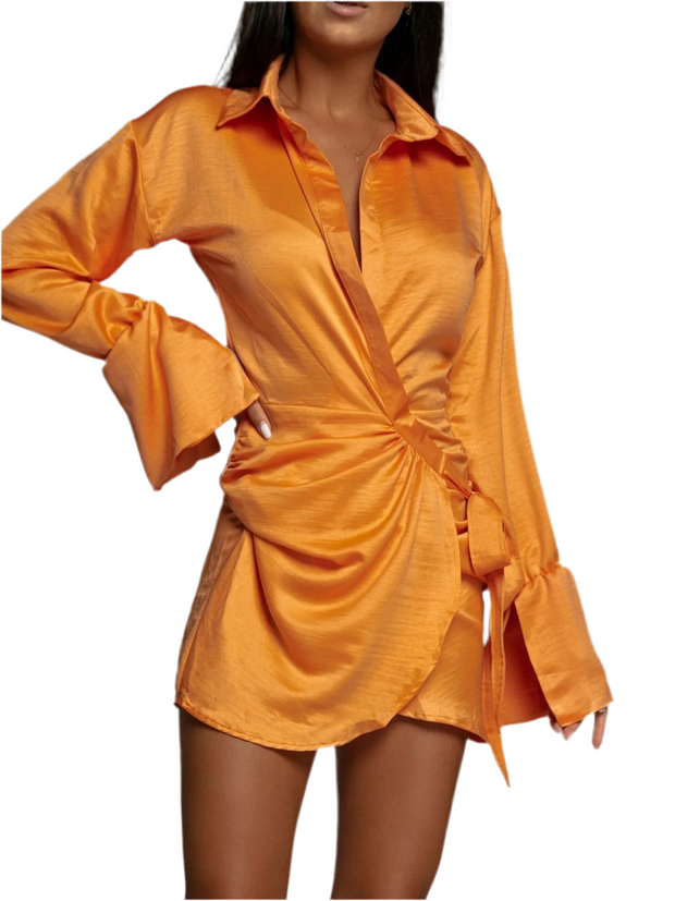 Side Tie Long Sleeve Shirt Dress