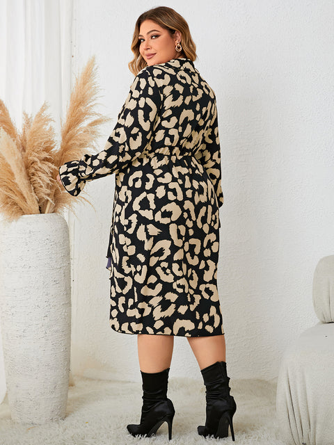 Plus Size Leopard Surplice Neck Flounce Sleeve Dress